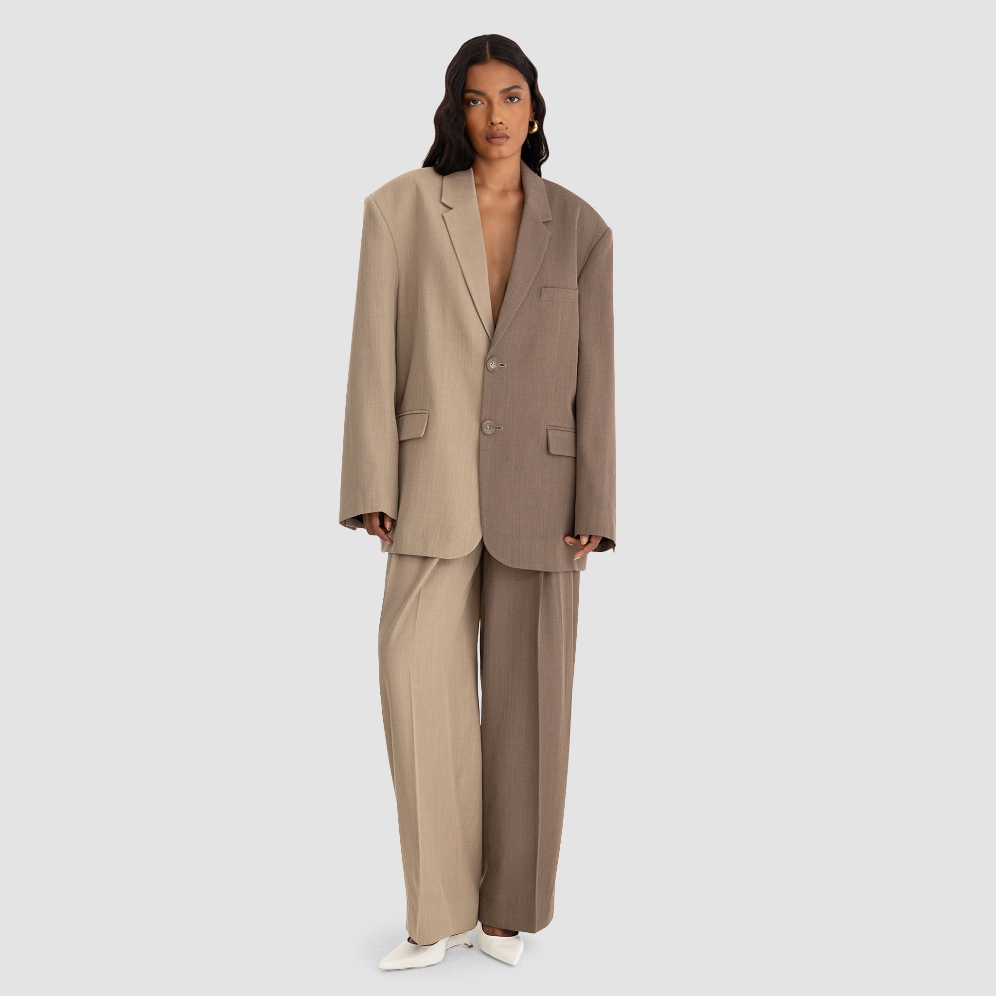 Zelda Long Blazer - Two-Tone Beige & Taupe – Bouguessa